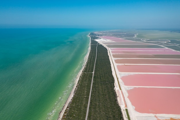 Stunning aerial view of pink salt ponds at Rio Lagartos Cancun Mexico