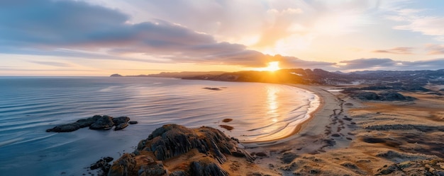 Stunning Aerial View of a Scandinavian Coastline at Sunset Featuring a Serene Bay Golden Sands