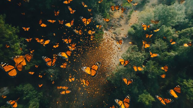 Photo a stunning aerial view of a swarm of monarch butterflies flying through a forest