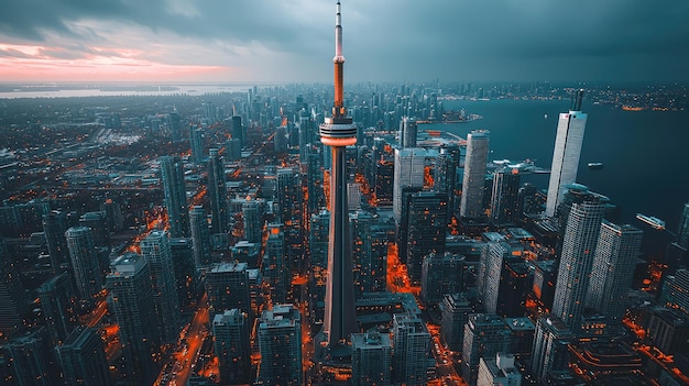 Photo stunning aerial view of toronto skyline at dusk featuring the iconic cn tower amidst dramatic clouds and city lights