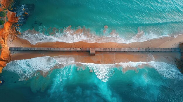 Stunning Aerial View of Turquoise Waves Crashing against Wooden Pier