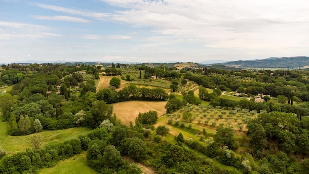 A stunning aerial view of the Tuscan countryside with its characteristic spring colors