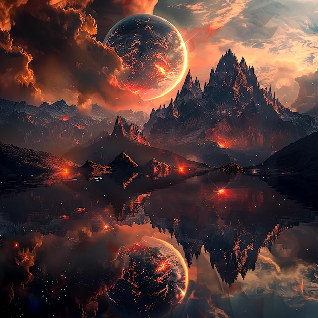 Photo stunning alien landscape with fiery sky massive planet reflections and majestic mountain peaks