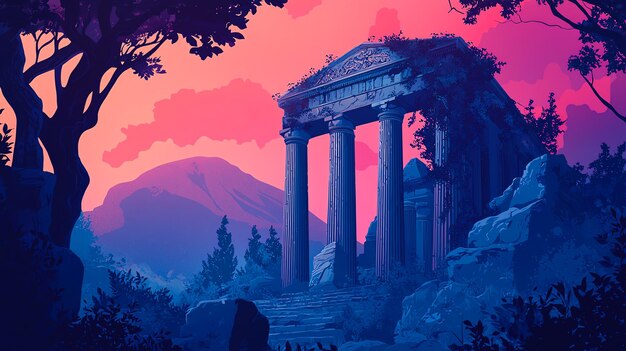 A stunning ancient ruin illuminated by a vibrant sunset surrounded by lush greenery and majestic mountains in the background