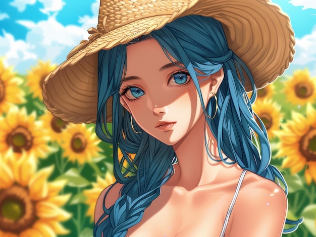 Stunning anime girl with blue hair in straw hat surrounded by sunflowers