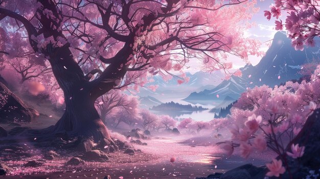 Photo stunning anime landscape showcasing cherry blossom trees in full bloom with soft pink petals and a peaceful setting