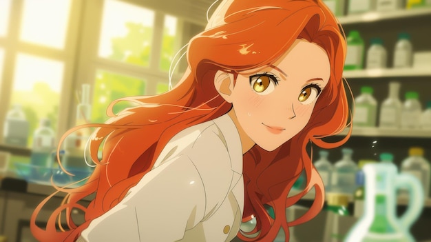 Stunning animestyle illustration of a redhaired woman in a lab coat and bodysuit