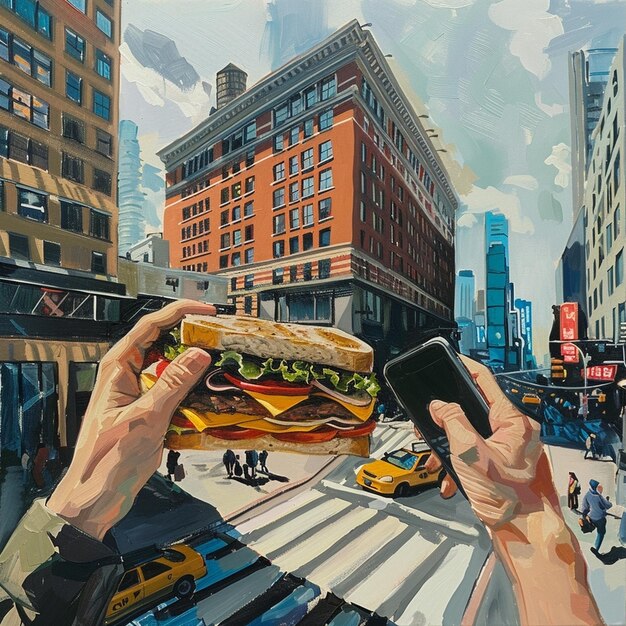 Photo stunning architectural painting featuring a sandwich and cell phone capturing a moment of everyday