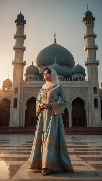 A stunning Asian woman adorned and standing in front of a beautifully detailed mosque