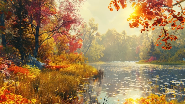 Stunning Autumn Landscape with Golden Foliage by a Serene Lake at Sunset