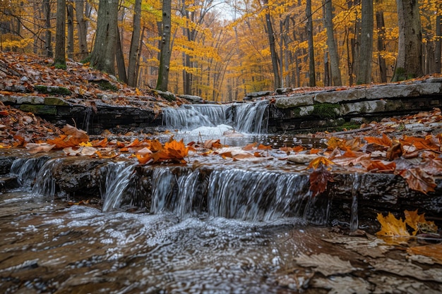 A stunning autumn scene featuring a forest and river with leaves scattered