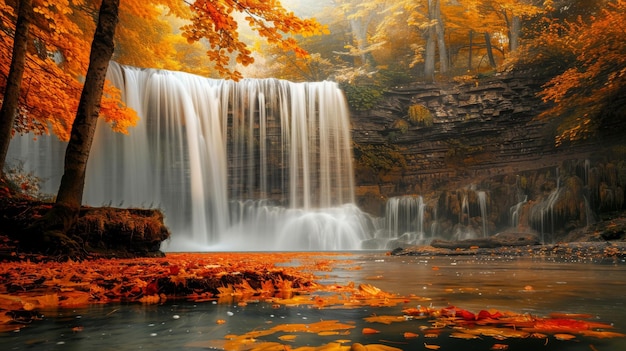 Photo stunning autumn waterfall golden leaves and cascading water in natures beauty