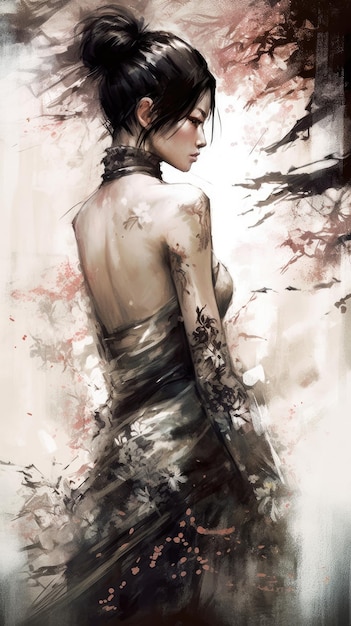 Stunning Back Tattooed Woman in Monochrome Painting