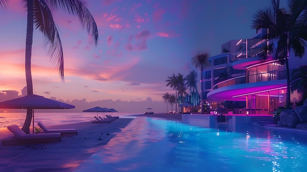 Stunning beach sunset view with modern resort illuminated pool and palm trees featuring vibrant pink