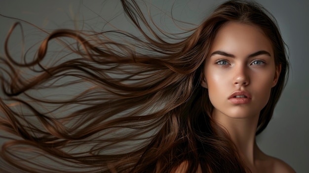 Stunning beautiful young caucasian brunette girl with long and shiny wind blown hair