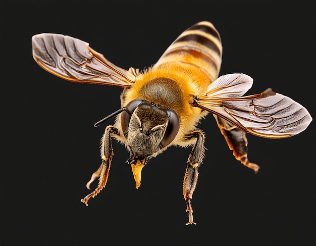 a stunning bee is flying isolated on transparent background macro incredible pollinator