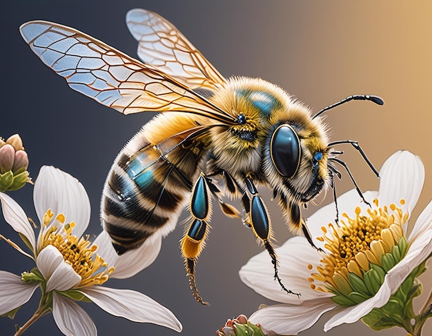 a stunning bee is flying isolated on transparent background macro incredible pollinator