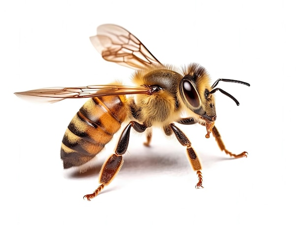 A stunning bee is flying isolated on white background macro incredible pollinator Generative AI