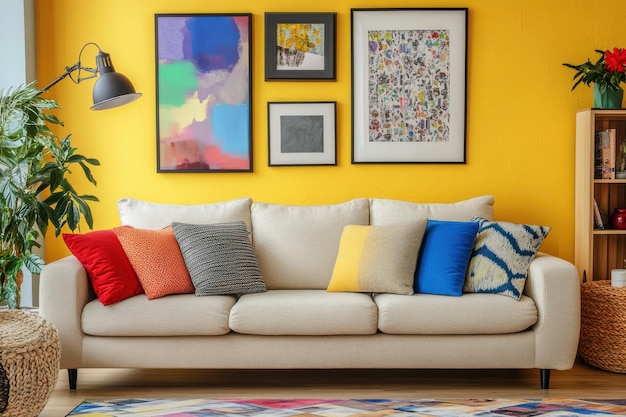 Stunning Beige Interior Featuring a Vibrant Multicolored Gallery for Modern Living Spaces and Design Inspiration