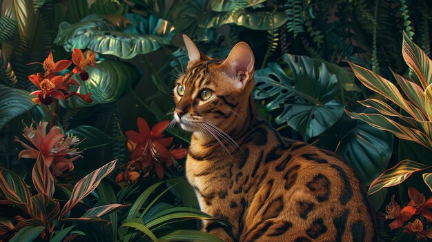 Photo a stunning bengal cat sits gracefully amidst lush vibrant tropical foliage and colorful flowers creating an exotic jungle vibe