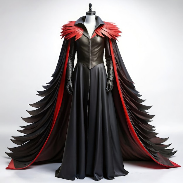 Photo stunning black frock featuring bold red lining and a dramatic onesided cape design showcased