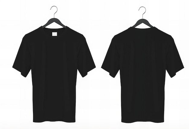 Photo stunning black tshirt hanging on hanger isolated front and back view mockup template for design pres