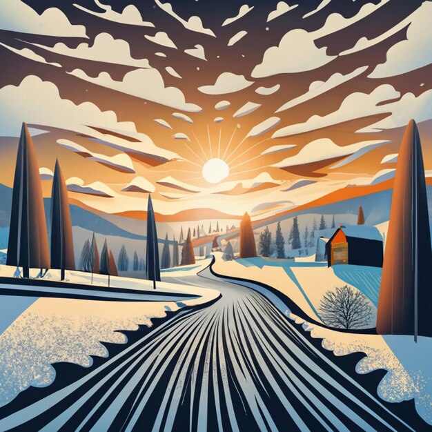 A stunning black and white illustration cool sunset frost landscape Can be us