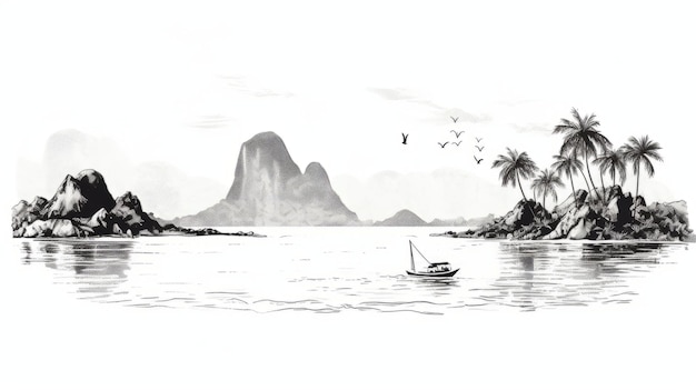 Stunning Black and White Tropical Lake Drawing with Exotic Birds and Detailed Character Illustration