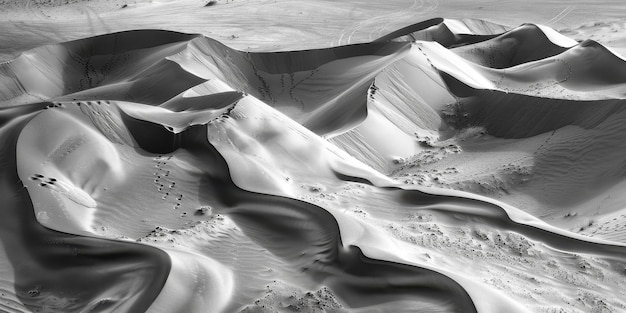 A stunning black and white view of undulating sand dunes showcasing intricate patterns and textures of the desert landscape