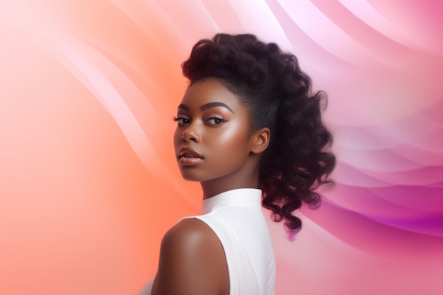 Stunning Black woman with elegant curly hairstyle white attire against a gradient pink background embodying grace and modern beauty