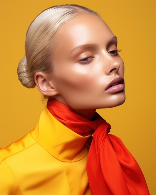 A stunning blonde woman wearing a yellow top and a red scarf radiating beauty and elegance