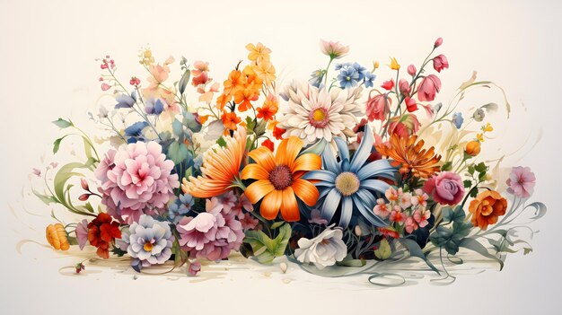 A stunning botanical artwork depicting a collection of bright and colorful flowers and foliage