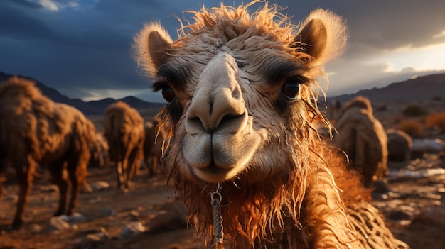 Stunning camel closeup revealing the textures and details of its face Ideal for projects on desert animals wildlife documentaries and educational content centered around the camel