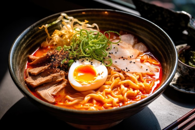 Stunning capture of a spicy kimchi ramen bowl topped with tender slices of pork bean sprouts