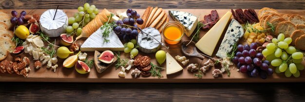 Photo a stunning charcuterie board with cheeses fruits and nuts on a wooden table