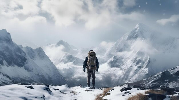 Photo stunning cinematic landscape of an adventurer in a challenging hikeup a snow capped mountain