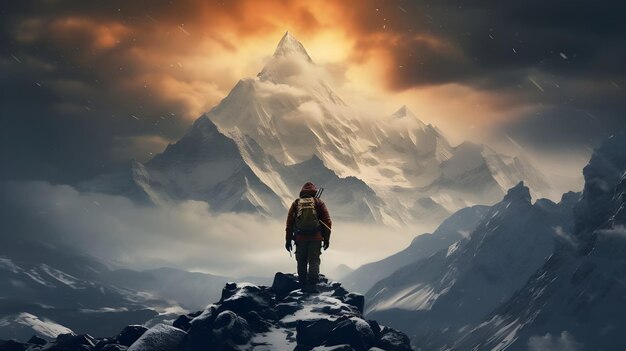 Photo stunning cinematic landscape of an adventurer in a challenging hikeup a snow capped mountain