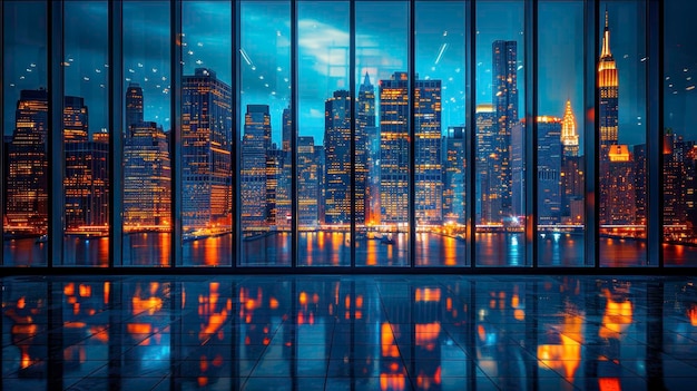 Stunning city skyline at night with skyscrapers reflecting in large glass windows showcasing urban l