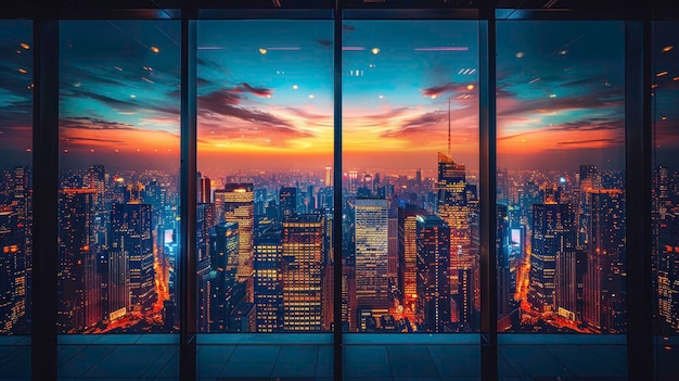 Stunning cityscape view from a highrise building at dusk showcasing vibrant skyline illuminated skys