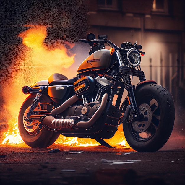 stunning classic motorbike on fire epic chopper or scrambler motorcycle