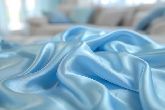 Stunning close up of light blue smooth fabric lying on the table blurred living room in background