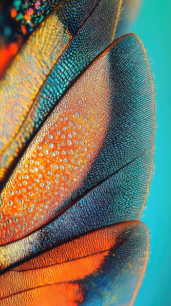 Photo a stunning close up view of flys wings showcasing intricate patterns and vibrant colors detailed texture and shimmering droplets create mesmerizing visual experience