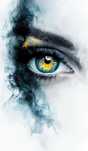 Photo stunning closeup of a blue and yellow female eye with artistic smoky detail enhancing its beauty