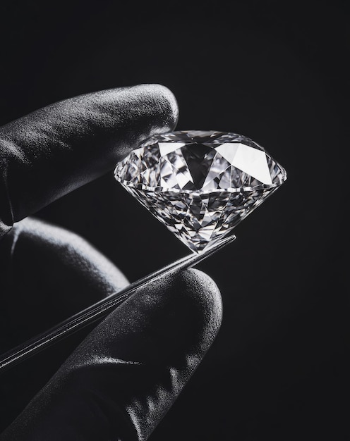 Photo a stunning closeup of a diamond held delicately between fingers the shine and elegance portray luxury and beauty the image radiates sophistication generative ai