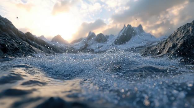 Photo stunning closeup of icy water with sunlit mountains in the background showcasing the beauty of natur