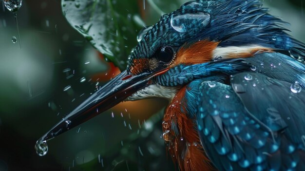 Photo a stunning closeup of a kingfisher with water droplets on its feathers