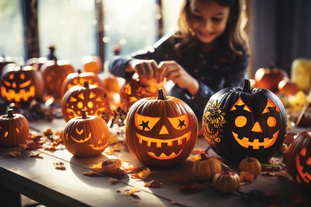 Stunning closeup photograph of a child carving pumpkins for Halloween emphasizing the creative side of the season and the emotional connection between them Generative AI