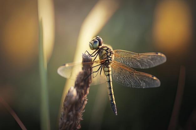 A stunning closeup photograph of a dragonfly perched on a branch Generated by AI