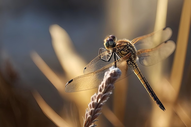 A stunning closeup photograph of a dragonfly perched on a branch Generated by AI