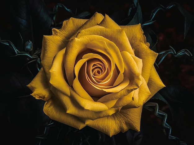 A stunning closeup photograph of a vibrant yellow rose